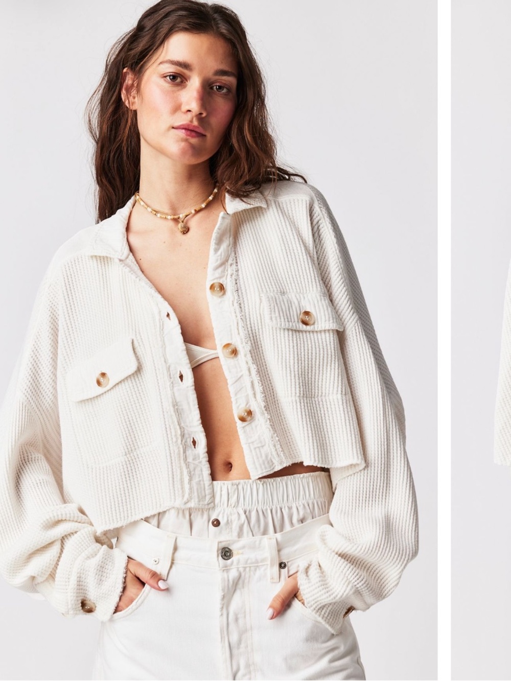 free people one scout cropped waffle button down jacket